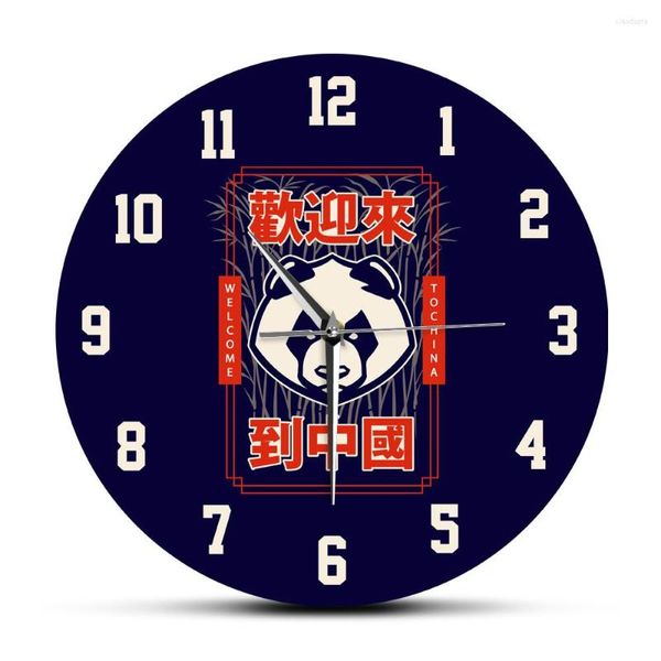 Relojes de pared Cabeza de panda y chino Bienvenido a China Cita la decoración moderna del hogar de la casa Asian Animal Design Quartz No ticking Hanging Watch