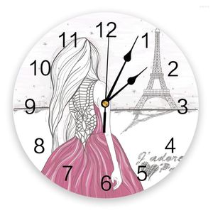 Wandklokken Parijs Eiffeltoren Meisje Jurk Roze Klok Decor In De Woonkamer Voor Slaapkamer Kantoor Digitaal