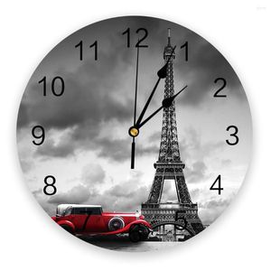 Horloges murales Paris tour Eiffel avec voiture rouge décoration de la maison cuisine moderne chambre ado chambre salon décor horloge