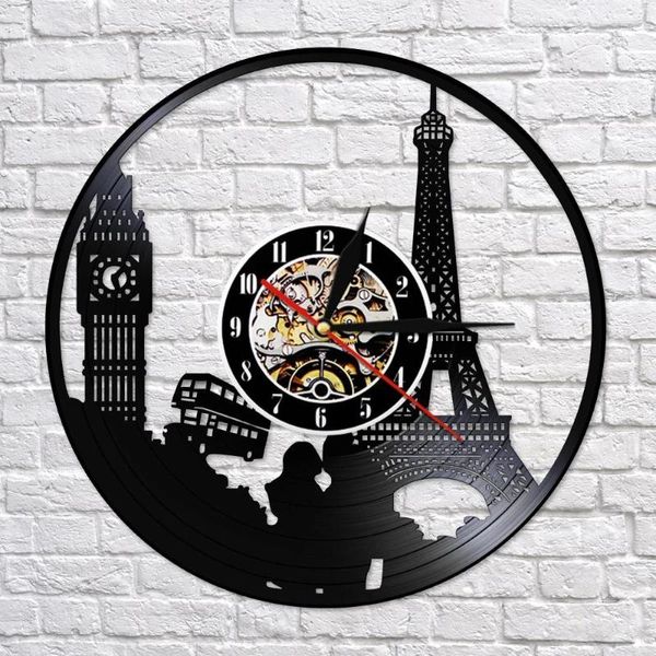 Relojes de pared Paris London Travel Themed Record Clock Tower Big Ben Unique Landmark Art Reloj retro