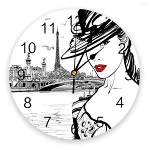 Horloges murales Paris Seine femme tour Eiffel lèvres rouges horloge Design moderne montre suspendue pour la décoration de la maison salon Art