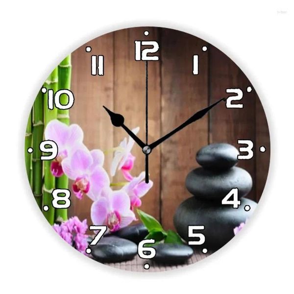 Relojes de pared Reloj de flores de orquídeas y piedras Zen apiladas de bambú pacífico para Spa, equilibrio, meditación, reloj grande, regalo de decoración de dormitorio