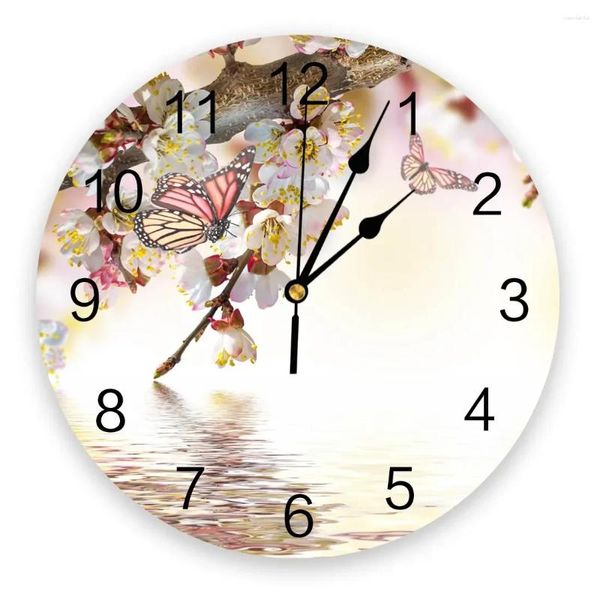 Horloges murales Branche de fleur de pêcher Papillon Vague d'eau Silencieux Home Café Bureau Décor pour la cuisine Grand