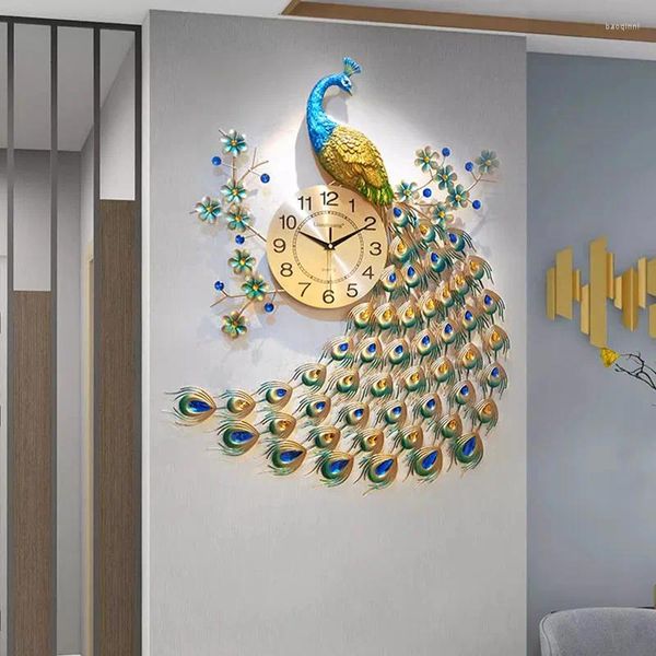 Relojes De Pared Pavo Real creativo arte De sala De estar Mural Reloj De lujo tamaño grande chino minimalista Reloj De Pared decoración del hogar