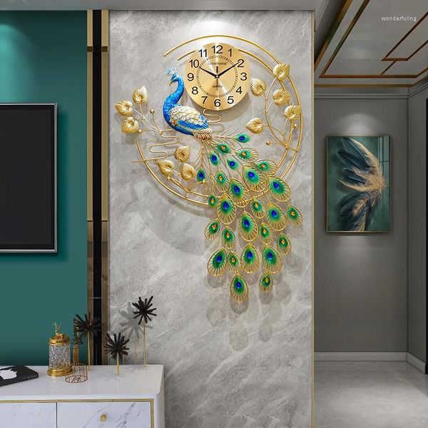 Relojes de Pared, Reloj grande de pavo real, diseño moderno, arte creativo de Metal, sala de estar Digital de lujo, Reloj de Pared, decoración del hogar