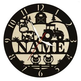 Relojes de pared Nombre de la granja personalizado Reloj de madera Animales Tractor Signo personalizado Granjero Rústico Decoración del hogar Reloj