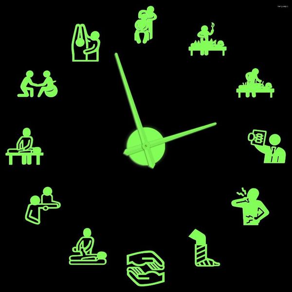 Horloges murales Physiothérapie Ostéopathie Glow In Dark Clock Chiropratique Acupuncture Massage Lumineux Sans Cadre DIY Grande Montre Silencieuse