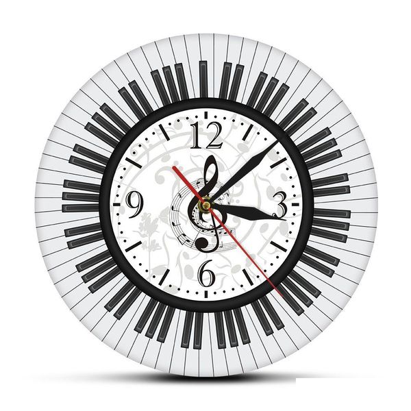 Relojes de pared Teclado de piano Clave de sol Arte de la pared Reloj moderno Notas musicales Reloj en blanco y negro Estudio de música Decoración Pianista Regalo Y2001 Dhl9I