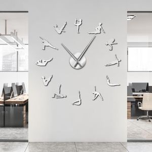 Relojes de pared Pilates Poses Diy Agujas grandes Reloj para niñas Habitación Gimnasio Deporte Ejercicio Salud Reloj silencioso GIMNASIO en casa Decoración ClockWall Clo