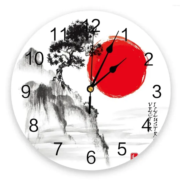 Relojes de pared Pino árbol sol tinta pintura dormitorio reloj grande moderno cocina comedor redondo sala de estar reloj decoración del hogar