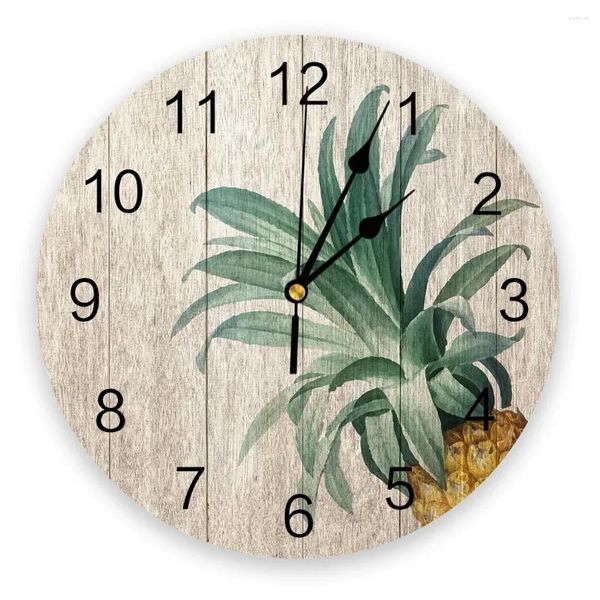 Horloges murales Fruits d'ananas sur planche de bois vintage Horloge ronde Creative Home Decor Salon Quartz Aiguille Suspendue Montre