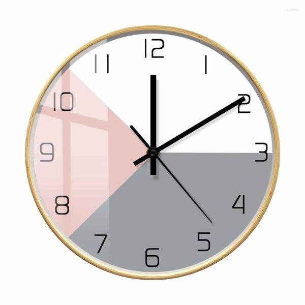 Horloges murales Rose et gris géométrique minimaliste horloge ronde scandinave multi couleurs montre design simple avec cadre en bois