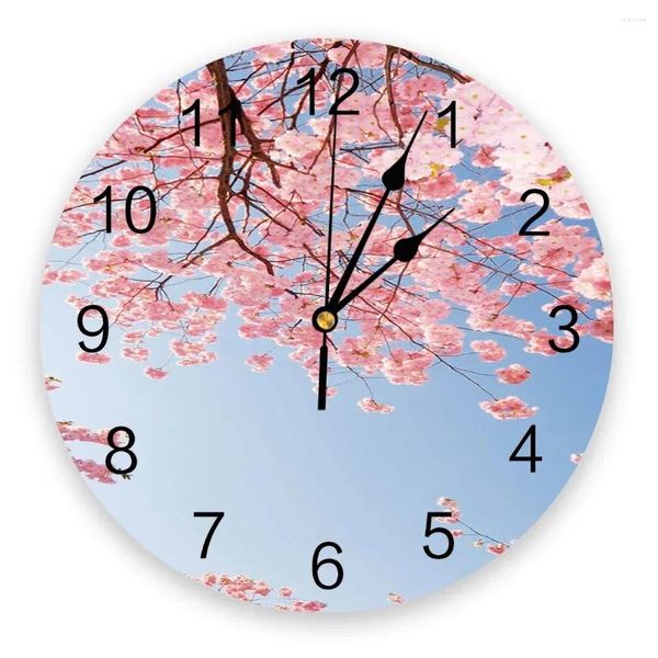 Horloges murales Rose Fleurs de cerisier Horloge Mode Salon Quartz Montre Moderne Décoration de la maison ronde