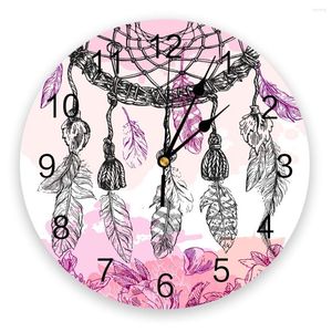 Horloges murales rose capteur de rêves cercle plume horloge Design moderne salon décoration muet montre maison décor intérieur