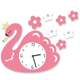 Horloges murales rose fille coeur chambre d'enfants salon horloge silencieuse 3D dessin animé personnalité créative mode cygne
