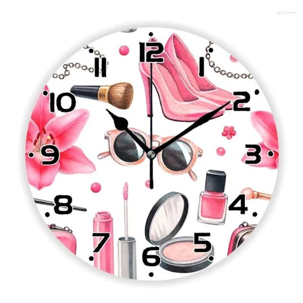 Relojes de pared Rosa tacones altos lápiz labial esmalte de uñas maquillaje reloj cosmético para salón de belleza estudio reloj niña dormitorio decoración del hogar regalo