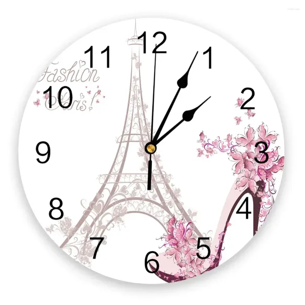 Relojes de pared Rosa Torre de París Tacones altos Reloj de elegancia femenina Comedor Restaurante Café Decoración Decoración redonda para el hogar