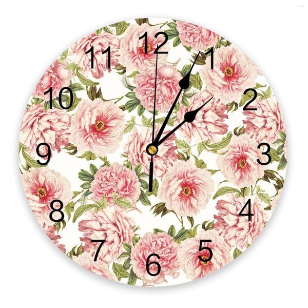 Relojes de pared, reloj de flores de peonía rosa, cocina grande y moderna, comedor, dormitorio redondo, reloj colgante silencioso