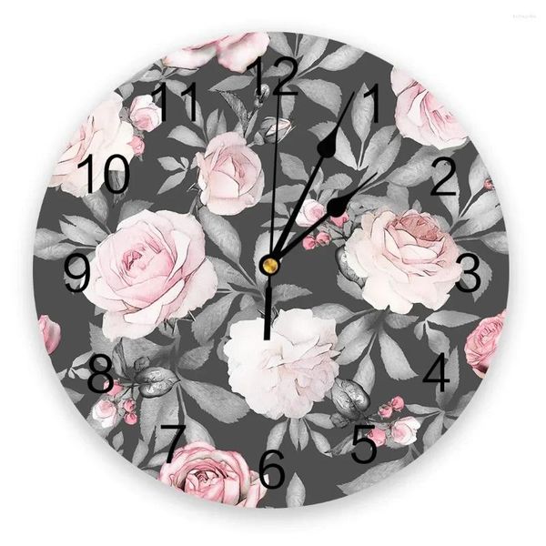 Horloges murales Rose Rose Plante Fleur Art Imprimer Horloge Silencieuse Non Ticking Montre Ronde Pour Cadeau De Décoration De La Maison