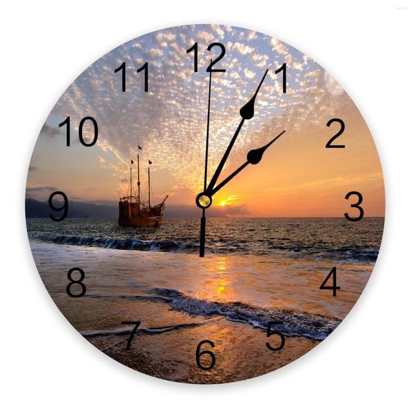 Horloges murales bateau Pirate bord de mer plage crépuscule PVC horloge Design moderne salon décoration maison Decore numérique