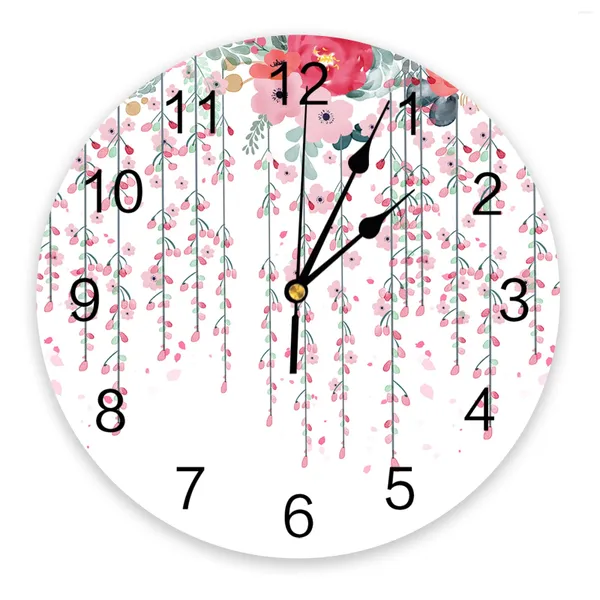 Horloges murales Plante et fleur Illustration en rouge rose imprimé horloge moderne silencieux salon décor à la maison montre suspendue