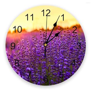 Horloges murales plante violet lavande fleur champ coucher de soleil horloge non tic-tac décoratif pour salon chambre maison décor rustique