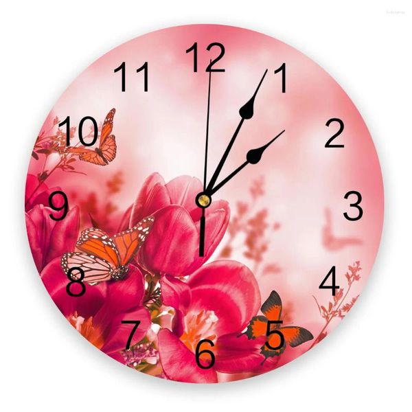 Horloges murales Plante Red Flower Butterfly Clock Round Acrylique suspendu Temps Silencieux Home Intérieur Chambre de salon Décor