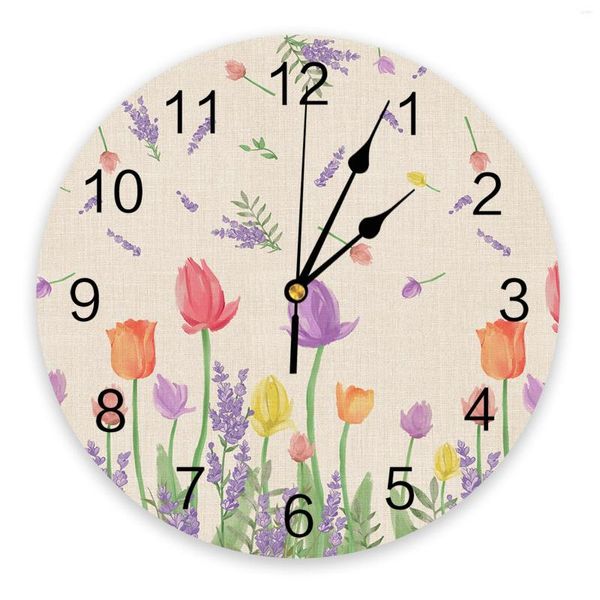 Relojes de pared planta tulipán lavanda flor reloj diseño moderno granja decoración redonda sala de estar 3d