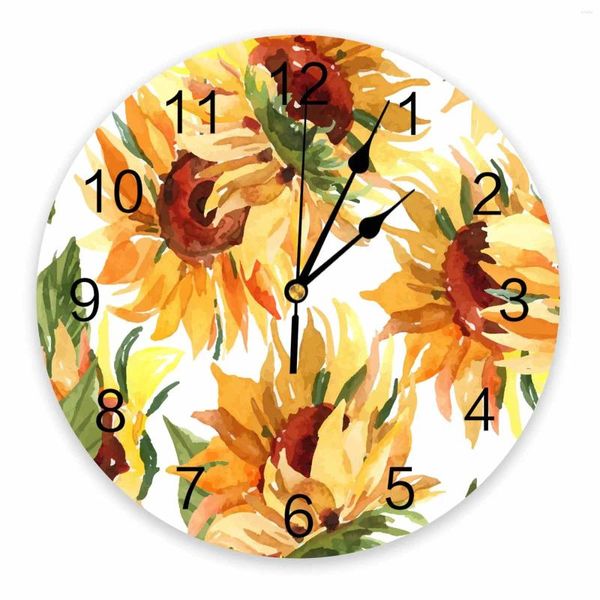 Horloges murales plantes aquarelle feuilles d'herbe tournesols horloge imprimée moderne silencieux salon décor à la maison montre suspendue