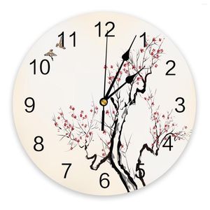 Horloges murales branche de fleur de prunier oiseau encre Style décoration de la maison montres rondes silencieuses pour salon cuisine décor