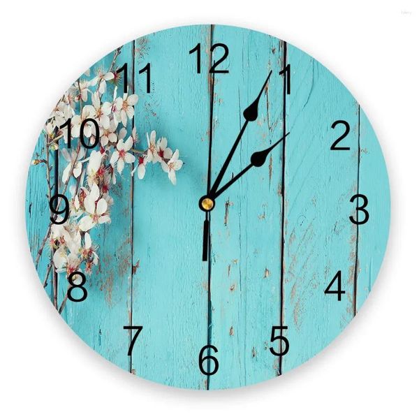 Relojes de pared Plank Plank Blue Wood Flower Redondeo Redondeo Decoración creativa de la sala del hogar Reloj colgante