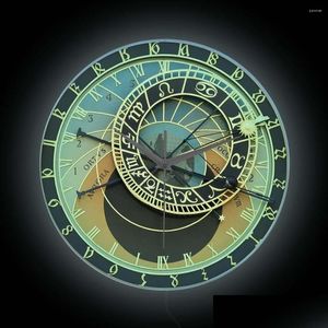 Horloges murales Prague Horloge Astronomique Face Lumineuse Veilleuse Décor À La Maison Tchèque Architecture Médiévale Horoscope LED Lampe Drop Deliv Otlsg