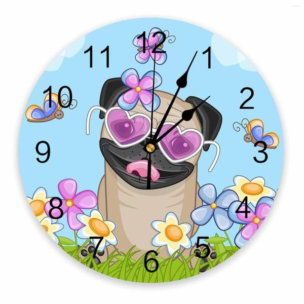Horloges murales carlin chien fleur drôle dessin animé décoratif horloge ronde chiffres arabes Design non tic-tac chambres salle de bain grande