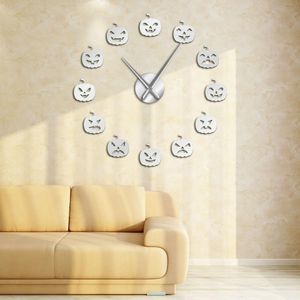 Muur klokken pompoen gezicht frameloze diy grote klok halloween horror home decor acryl spiegel sticker grote kunst horloge