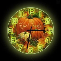 Horloges murales citrouilles imprimées horloge avec rétro-éclairage LED donner merci automne feuilles d'automne Thanksgiving jour décor à la maison veilleuse