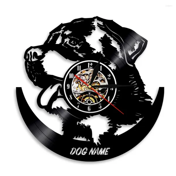 Relojes de pared Retrato de perro cachorro Nombre personalizado Registro Reloj Arte Decoración para el hogar Música de gramófono tallada personalizada