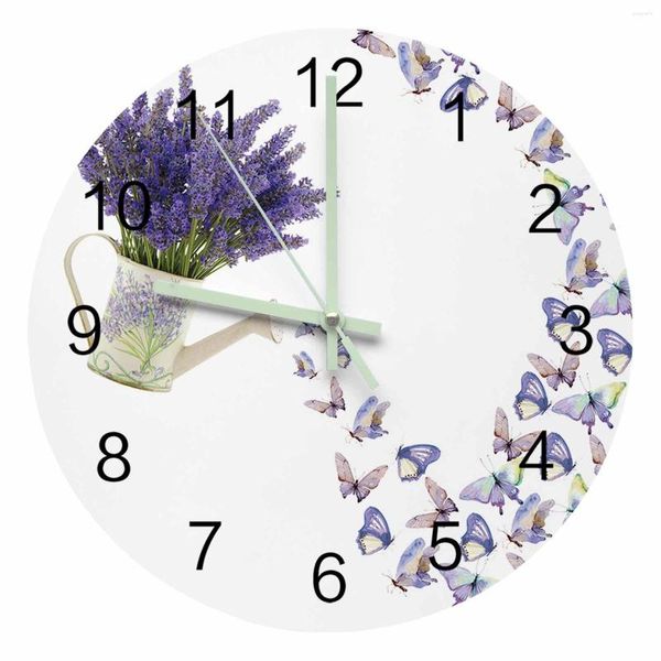 Horloges murales violet fleur lavande papillon blanc pointeur lumineux horloge maison ornements rond silencieux salon décor