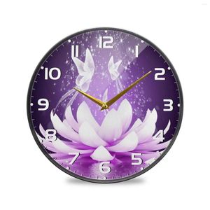 Horloges murales violet fleur imprimer moderne acrylique horloge ronde silencieuse sans tic-tac suspendu montre pour salon chambre cuisine décor à la maison