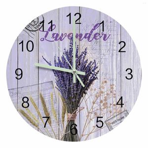 Horloges murales violet lavande fleur Vintage Grain de bois pointeur lumineux horloge maison ornements rond silencieux salon décor