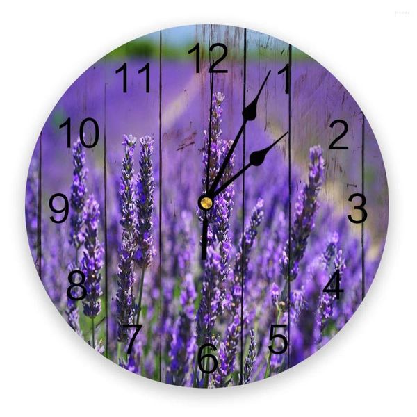 Relojes de pared Flores de lavanda púrpura Reloj con textura de madera Diseño moderno Decoración de sala de estar Reloj silencioso Decoración interior del hogar