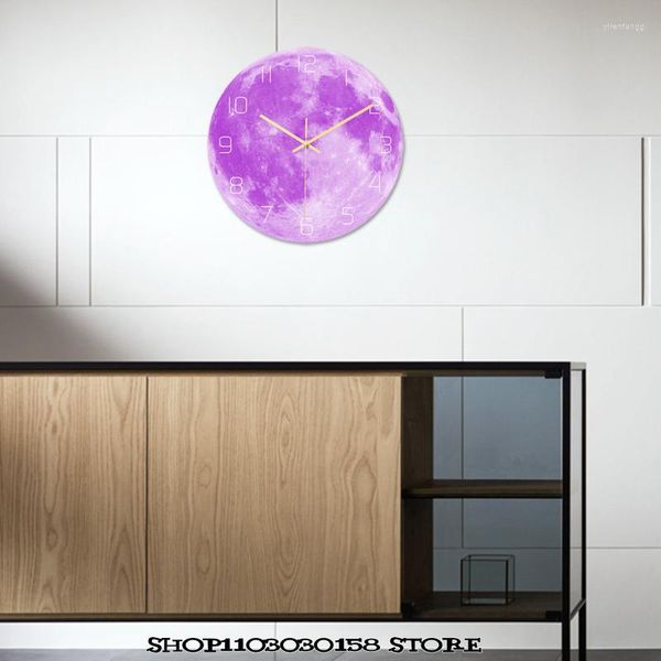 Relojes de pared Luna Púrpura Reloj Luminoso Luz Verde Sueño Nórdico Personalidad Color Primario Dormitorio Decoración Del Pasillo