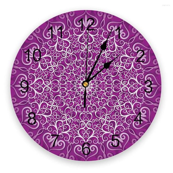 Horloges murales violettes rondes fleurs horloge décor à la maison chambre silencieuse Oclock montre numérique pour chambres d'enfants