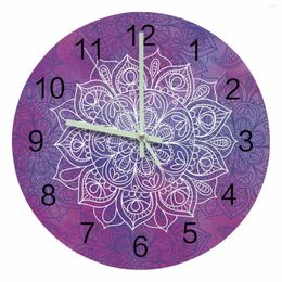 Horloges murales violet aquarelle Mandala pointeur lumineux horloge maison ornements rond silencieux salon chambre bureau décor