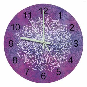 Horloges murales violet aquarelle Mandala pointeur lumineux horloge maison ornements rond silencieux salon chambre bureau décor