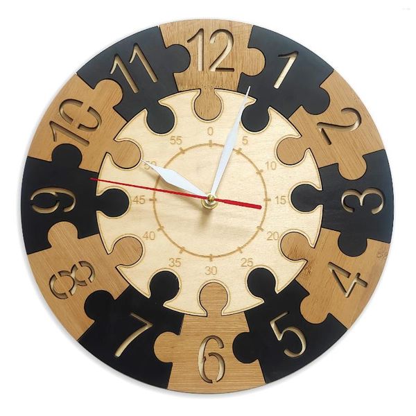 Relojes de pared Reloj de rompecabezas en madera Aprendizaje para niños Corte láser Decorativo Silencioso Dormitorio Reloj de madera rústico