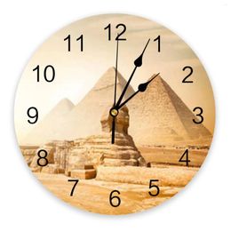 Horloges murales Pyramide Désert Egypte Sculpture PVC Horloge ronde Bureau Cuisine Chambre Décor Montre imprimée Pas de tic-tac suspendu