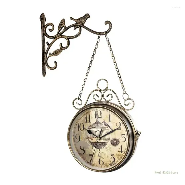 Horloges murales QX2E Vintage Double Side Silent Clock Métal Suspendu Ornements Art Artisanat