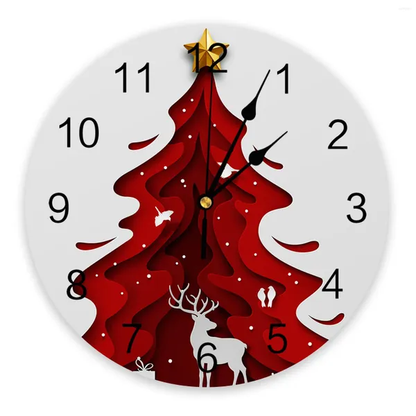 Clocks muraux Red Christmas Tree Elk Gift Paper Documents Coup de chambre Gradient Clom Couche Modern Kitchers Rounds Round Room Home Decor