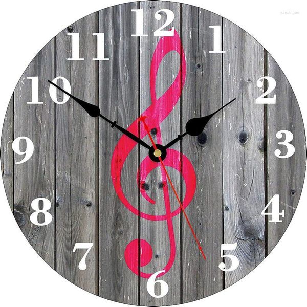 Relojes de pared Reloj de nota musical rojo Reloj de madera sin tictac Silencioso Vintage Preciso Funciona con pilas Escritorio fácil de leer