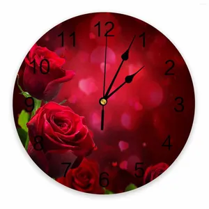 Wandklokken Rode Roos Bloem Liefde Romantisch Decoratief Ronde Klok Arabische Cijfers Ontwerp Niet-tikkende Slaapkamers Badkamer Groot
